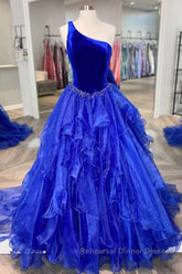 Royal Blue Semi Formal Prom Dresses A Line One Shoulder Long Party Evening Dresses with Beading